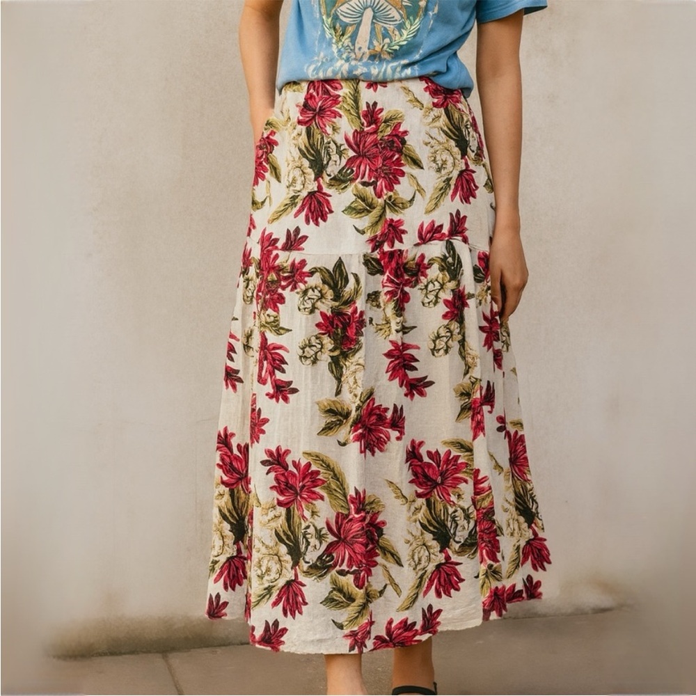 Ophelia Roe White Fuchsia Floral Midi A-Line Lined Skirt Size Medium